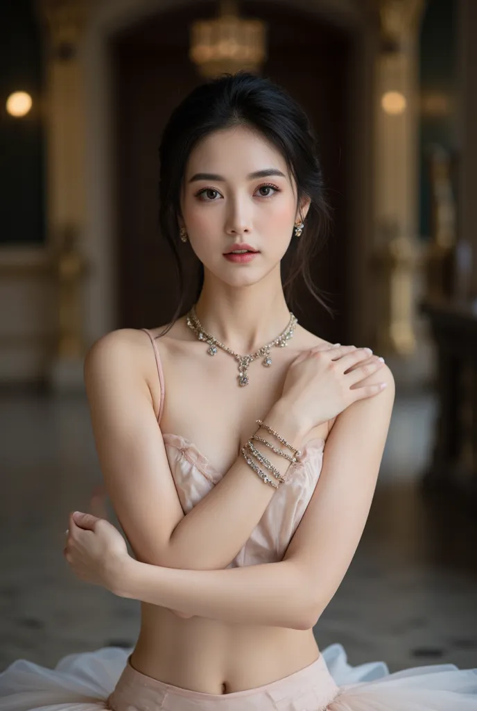  Picture of a beautiful Colombian dark-haired woman with white skin and hair. I'm wearing a ballet costume. .   She has several earrings and bracelets . . The background is a venue .  full body shot