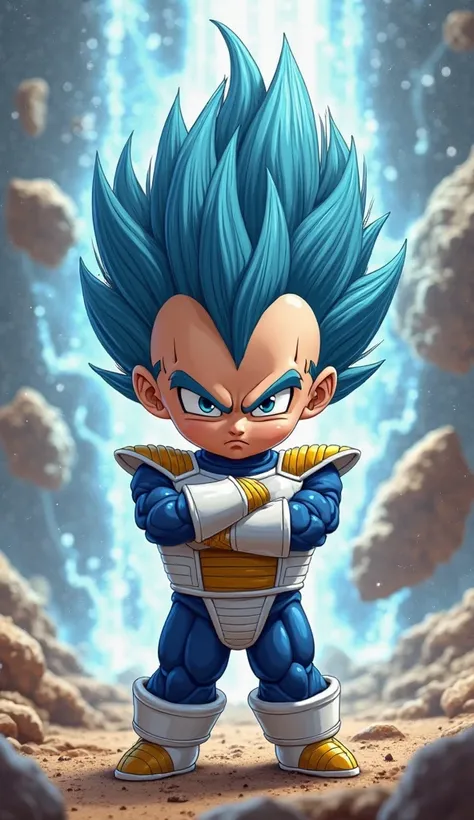 A baby Vegeta with the same intense blue hair, tiny battle armor, and a serious scowl. His arms are crossed just like his adult version. The background keeps the floating rocks and energy waves.