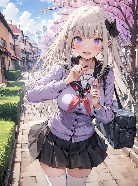  score_9,  score_8_up,  score_7_up,  source_anime,  Emilia,Alone, knitting glasses, crown knitting glasses, flower, hair flower, hair ornaments close to the garden, hair bow, long hair, pointed ears,smile,blush,open your mouth, purple eyes,  white hair, x ...