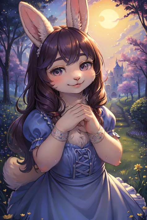 draw by Gogh , hairy bunny mom , (realistic hairy bunny fur:1.5) , round face , (tilt face:1.2) , (half-open eyes:1.5) , moist round eyes , Swollen cheeks , Seduction smile , glossy lips , Curly hair , princess dress , Alice in Wonderland , twilight , Ador...