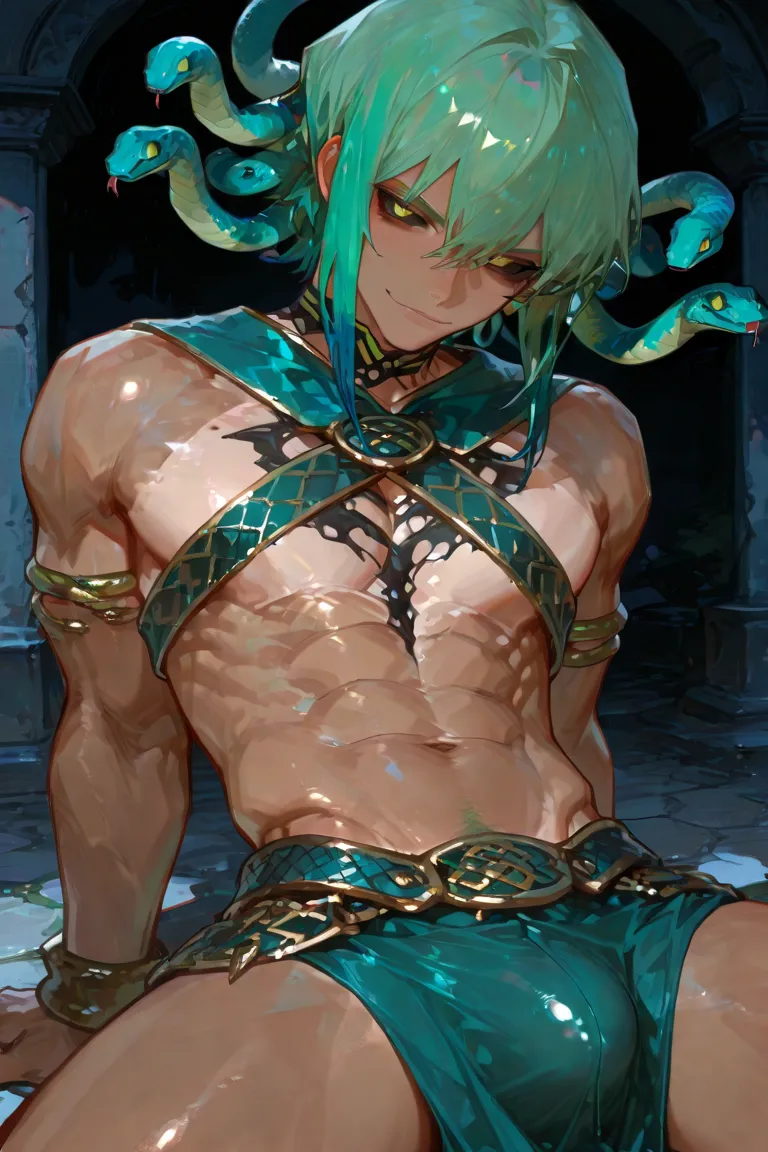 masterpiece, newest, absurdres, safe Solo, high detailed, male, handsome masculine male, Sexy male. Masculine male. Handsome Male, sexy male, Seductive, male, snake hair, medusa gorgon, green hair, hair made of snakes, male, exposed chest, shrtless, greek ...