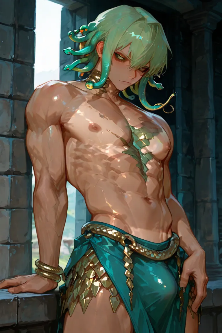 masterpiece, newest, absurdres, safe Solo, high detailed, male, handsome masculine male, Sexy male. Masculine male. Handsome Male, sexy male, Seductive, male, snake hair, medusa gorgon, green hair, hair made of snakes, male, exposed chest, shrtless, greek ...