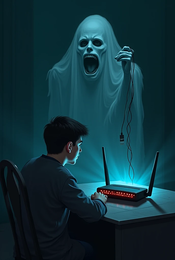 a creepy scene ,  but comical : a young man sitting in the dark, looking horrified at a Wi-Fi router with lights off. In the background, a ghostly shadow appears, holding a severed internet cable."