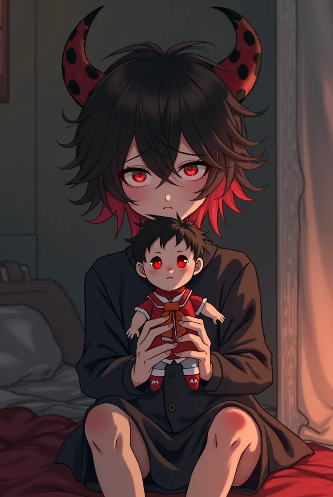 An anime character born is a  with black hair and red at the bottom, his eyes are white with red dots, he has devil horns and his face is innocent and suspicious. He holds a Voodoo doll and sits at a corner in his bedroom and his clothes are white with an ...