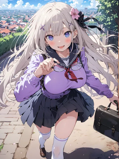  score_9,  score_8_up,  score_7_up,  source_anime,  Emilia,Alone, knitting glasses, crown knitting glasses, flower, hair flower, hair ornaments close to the garden, hair bow, long hair, pointed ears,smile,blush,open your mouth,Glasses, purple eyes,  white ...