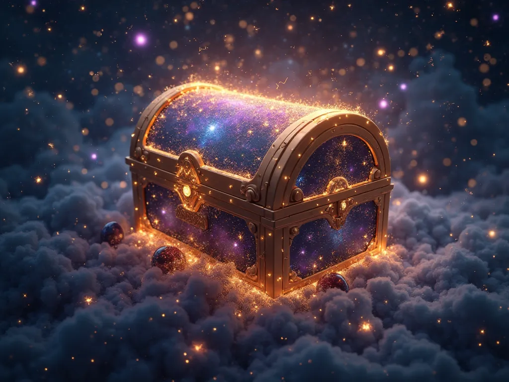 A celestial treasure chest glowing with stardust, its surface adorned with constellations. Floating in the vastness of space, it holds cosmic gems, nebula particles, and the essence of the stars, representing wealth from the universe itself.