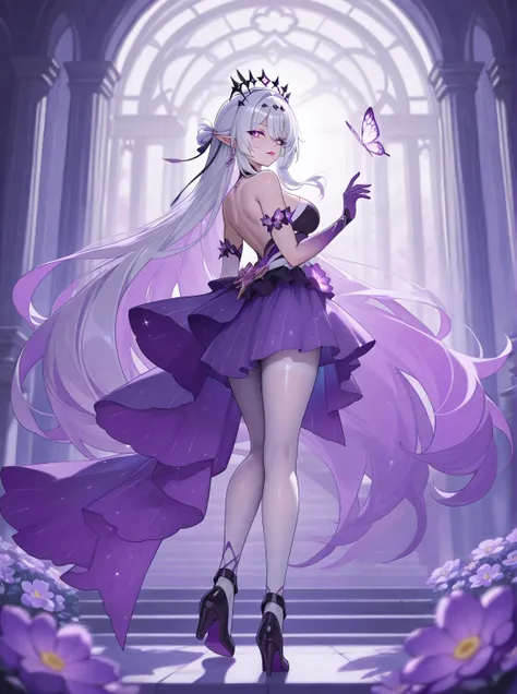 Castorice_HonkaiStarRail. palid skinned adult woman slanted purple (margin-collor) eyes and white pupil, lips serius, elf ears, bright white shoulder-lenght straight white hair and back long hair violet locks, She uses a black crown with purple little gens...