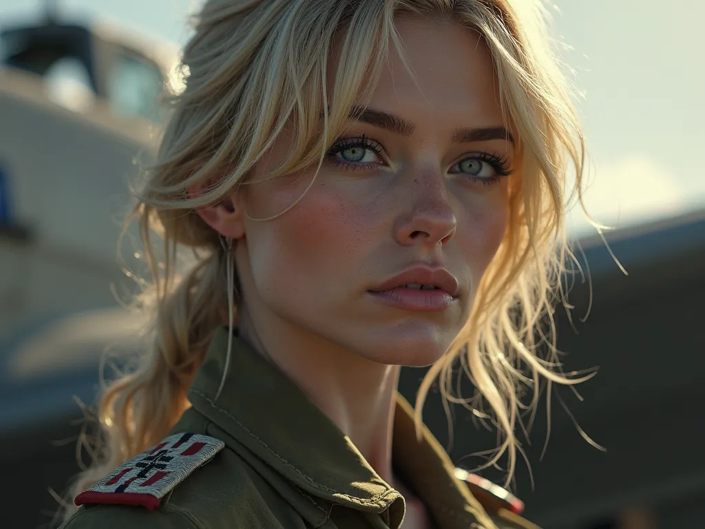  German Soldier High Resolution, obra maestra, blonde hair, big breasts, blush, American plane, Cinematic lighting, 