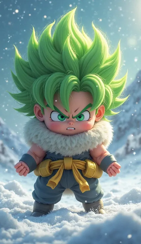 A baby Broly with crazy green hair, tiny muscles, and a mini fur pelt wrapped around him. His angry expression looks both fierce and hilarious. The background keeps the ice battlefield.