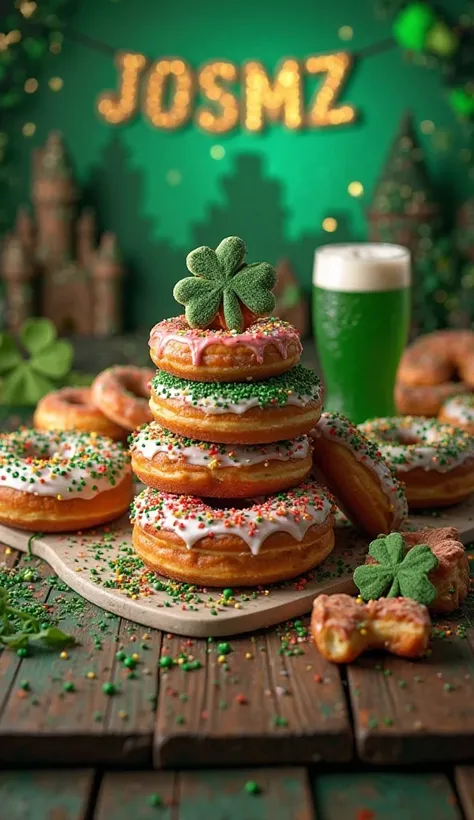 Heavily decorated collection of donuts,the letters "JOSMZ" are displayed at the background, san Patrick's day theme, Four-leaf clover, green beer, symbols of luck. Light effects, Irish castles background