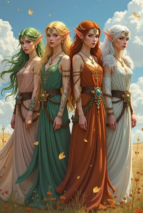 A group of four identical twin sisters, all elven druids, each representing a different season. They share the same ethereal facial features and slender physique, but their hair, eyes, clothing, and surroundings reflect their respective seasons. Pointed ea...