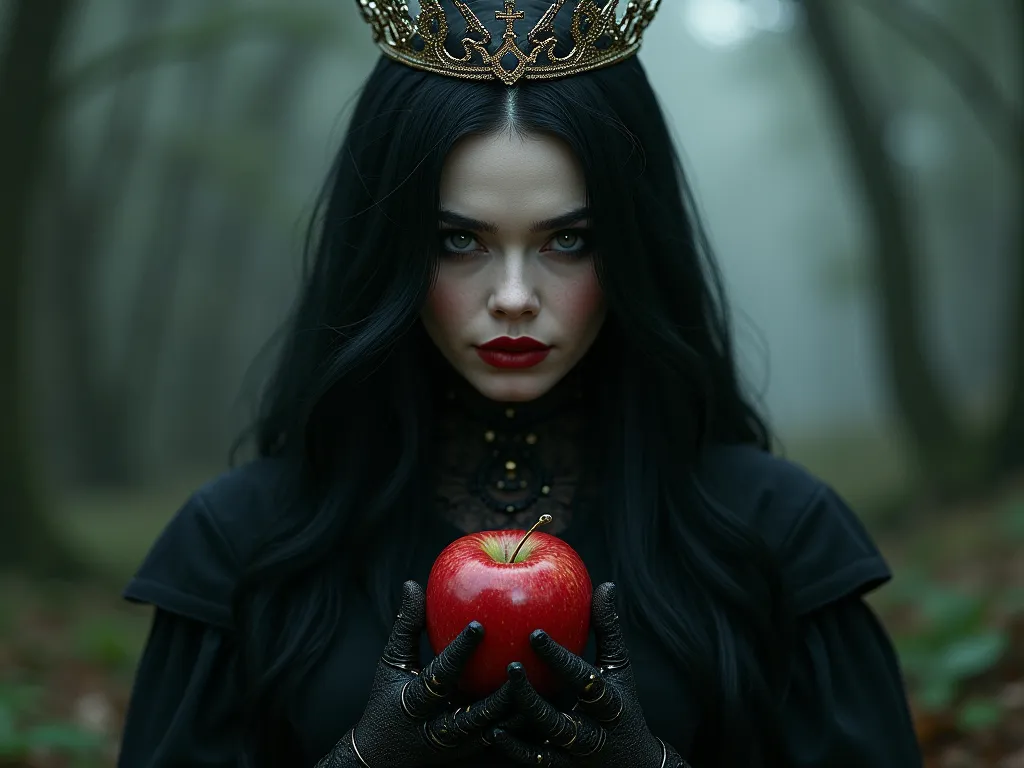 girl,long black hair，，accessories，， poisoned apples， witch queen，red lipstick