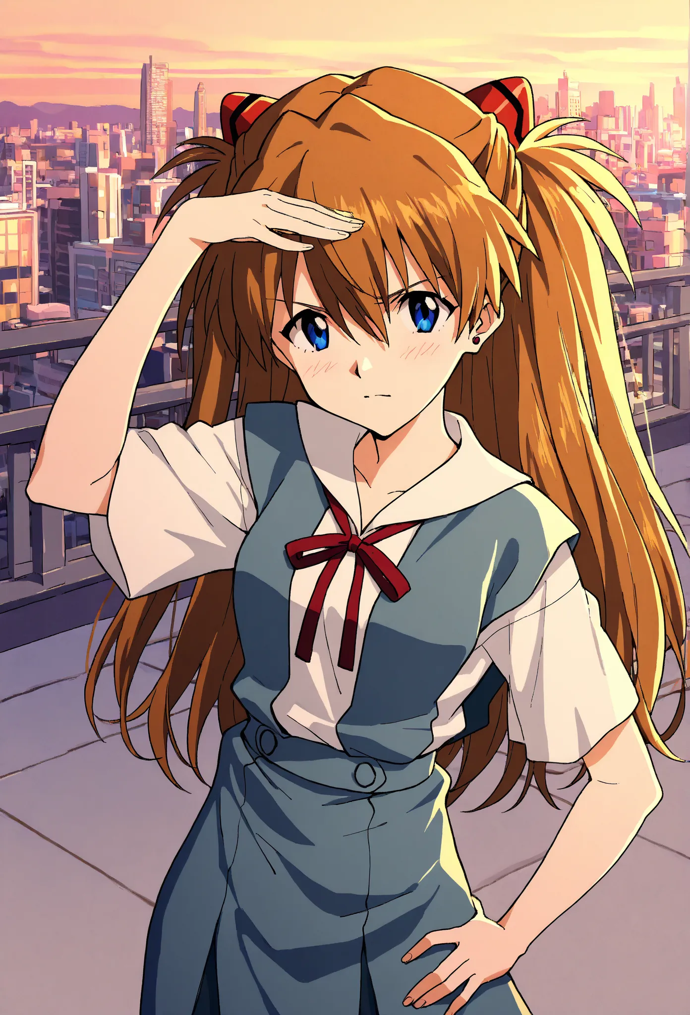 asuka langley soryu, long hair, bangs, blue eyes, brown hair, hair ornament, school uniform, tokyo-3 middle school uniform BREAK ((magazine cover)), illustration,1 girl,solo, full body