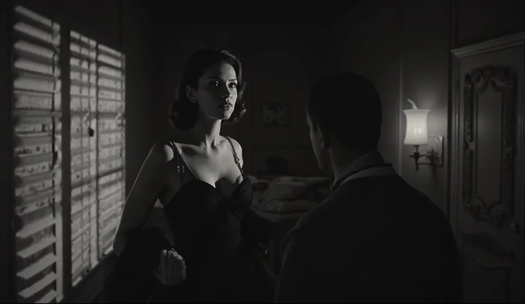 A grainy black-and-white still from an old film noir movie of the femme fatale standing in her dark apartment, with light filtering through blinds creating dramatic shadows on her face. The atmosphere is intense and mysterious, capturing the style reminisc...