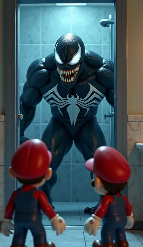 A Disney/Pixar 3D animation-style scene showing Venom suddenly appearing in the bathroom, creating a dark and menacing contrast to the setting. He is in an intimidating pose, with a sinister smile and his white eyes glowing in the dim light. His shiny blac...