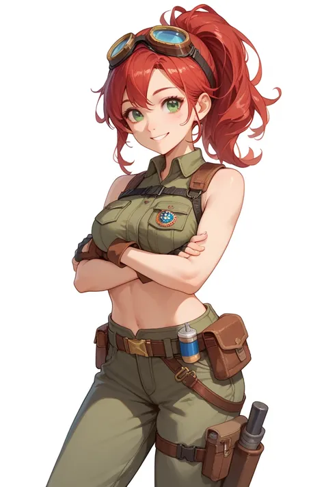 Anime, solo, 1girl, facing viewer, red hair, green eyes, ponytail, medium breasts, sleeveless crop top, khaki work pants, work boots, goggles on top of head, fingerless gloves, utility belt, smiling, cute, arms crossed, standing, white background, best qua...