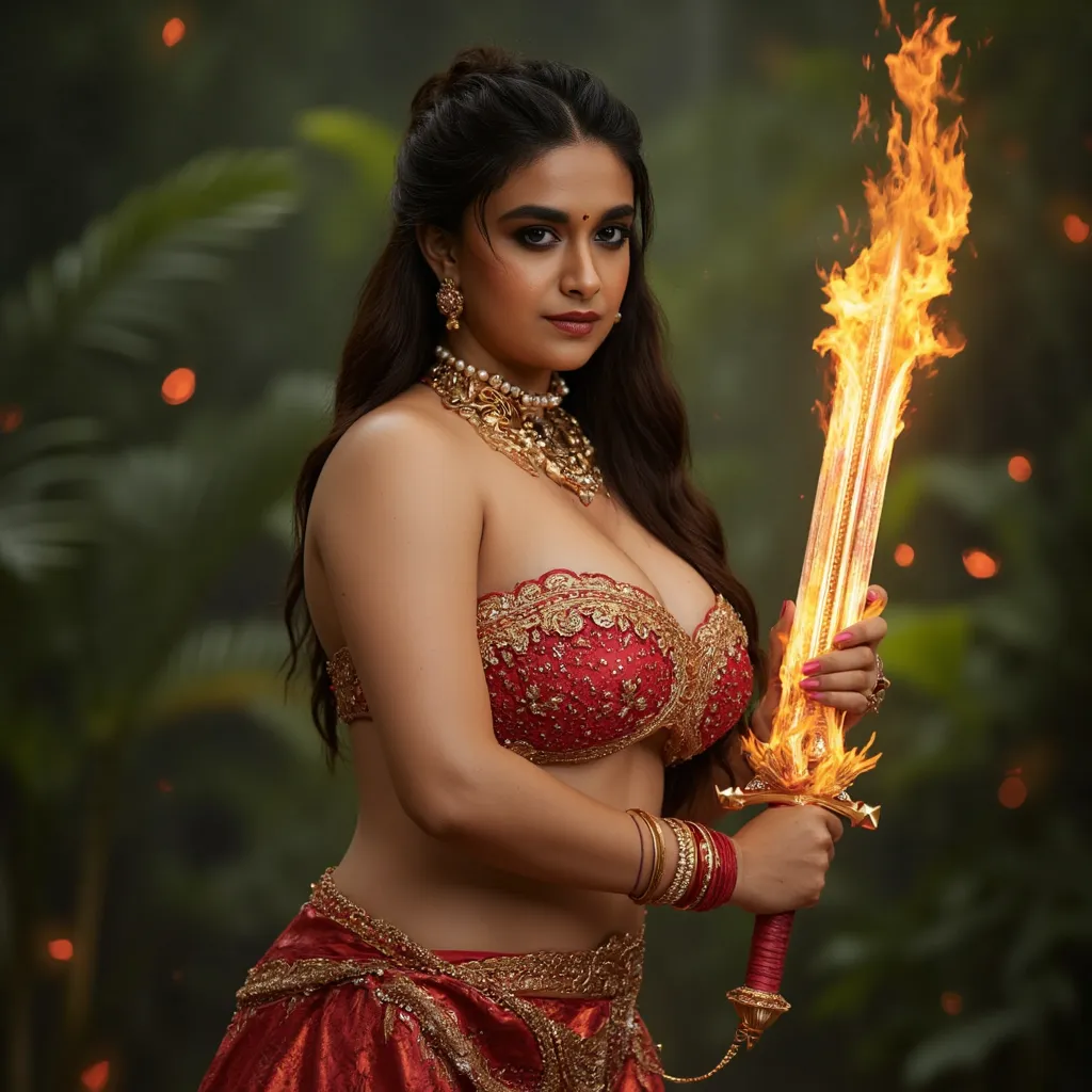 A fierce warrior goddess stands in a mystical forest, gripping a flaming enchanted sword that radiates golden energy. She has long, flowing black hair tied up in an elegant high bun, adorned with a golden jeweled headpiece. Her piercing gaze and intense ex...