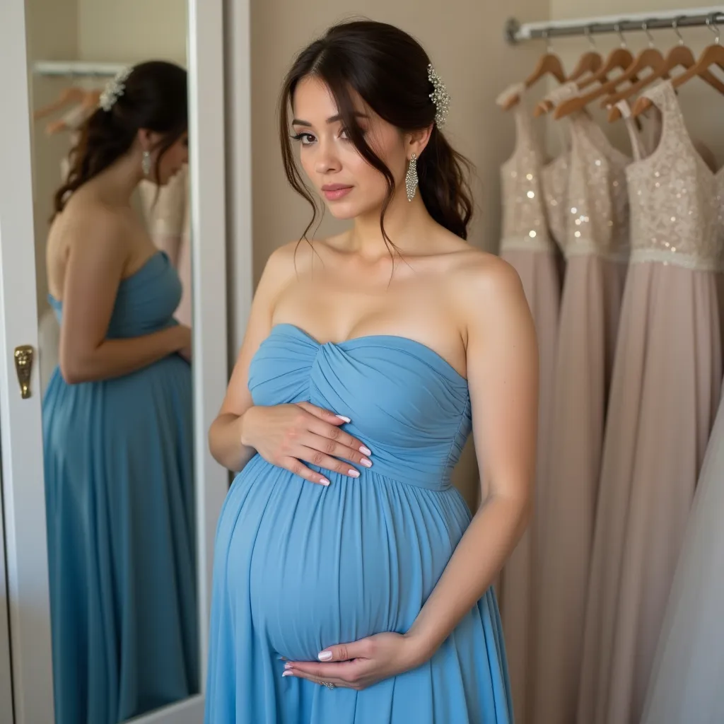 very young, small pregnant stomach,  bridesmaid in strapless blue dress, large breasts, in dressing room