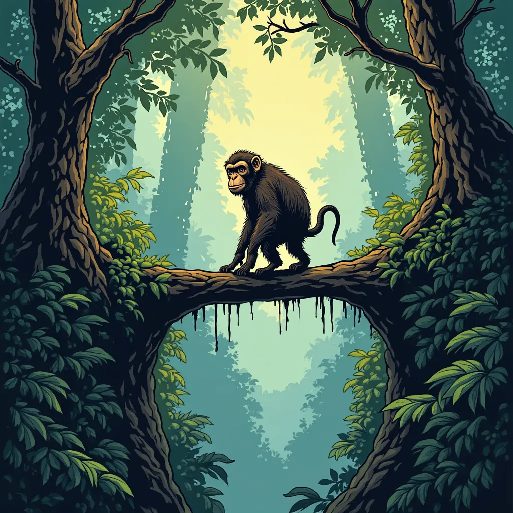 A monkey standing on a precarious and shady bridge in the middle of the forest, In comic book style