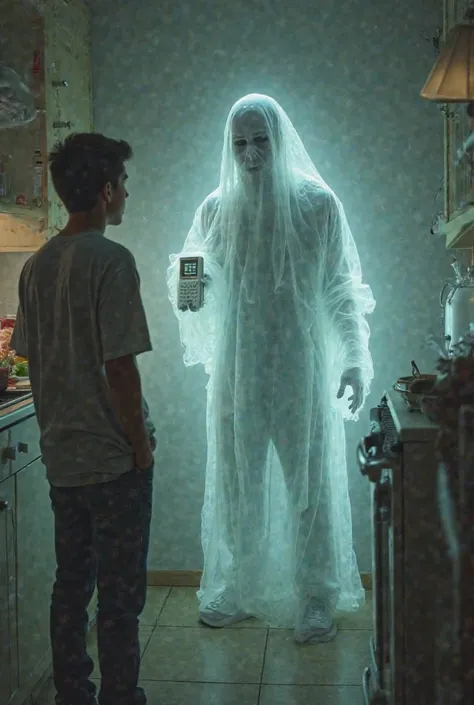 A transparent ghost, dressed in clothes from the 2000s, floats in the kitchen. He holds an old brick cell phone and has an expression of suffering. A young man looks at him, surprised."