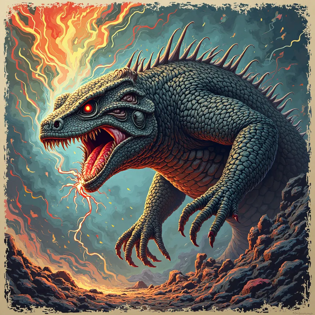 NFT 3D woodcut colorful wild lizard creepy full body 
 Angry giant shooting lightning through the mouth flashy