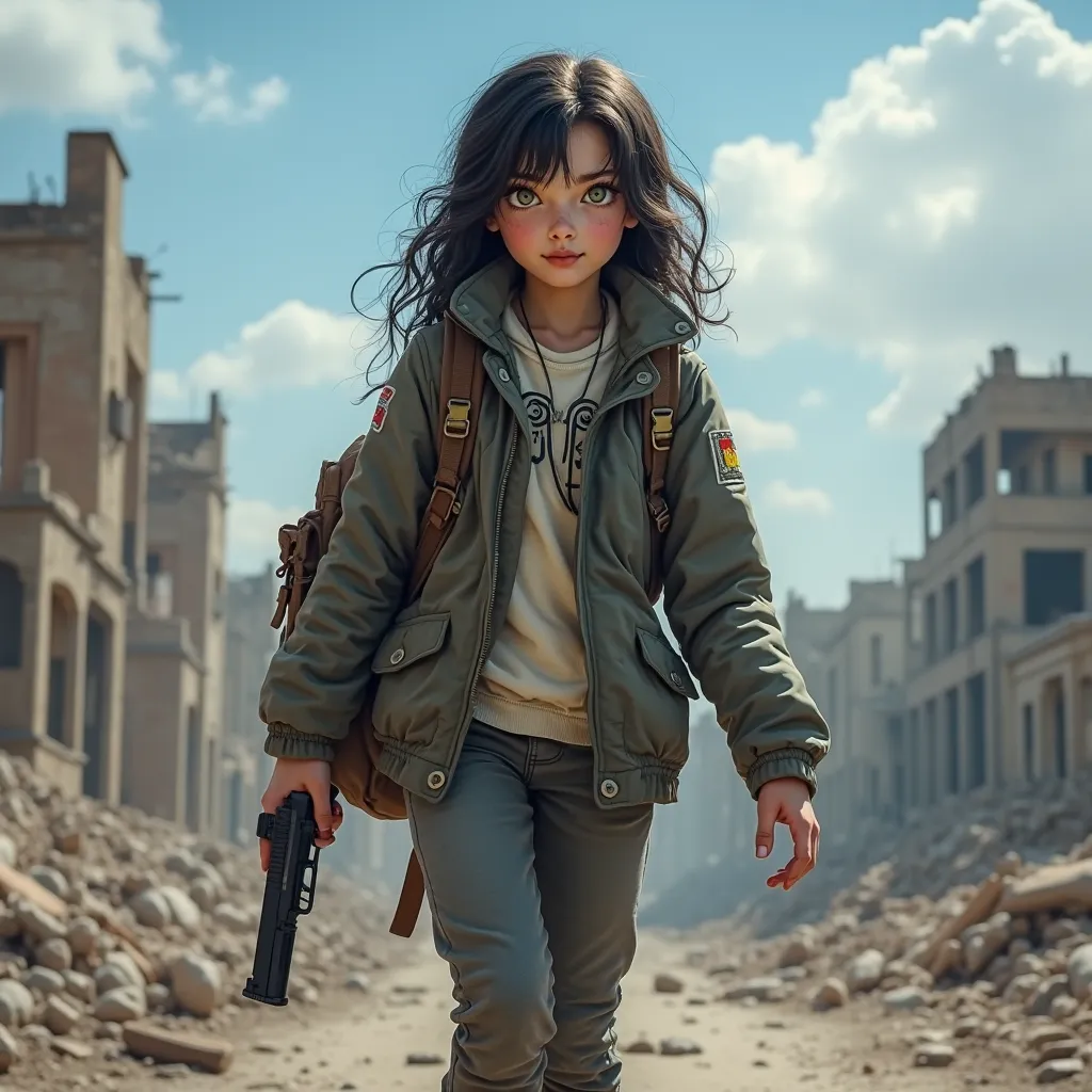 young 20-year-old girl, wavy black hair, green eyes, jacket,  pants, boots, using backpack, holding a Glock 17 pistol (9x19mm Parabellum),  walking, looking around, ruins, damaged buildings,  blue sky, white clouds, sunlight,4K, realistic portrait,  photog...