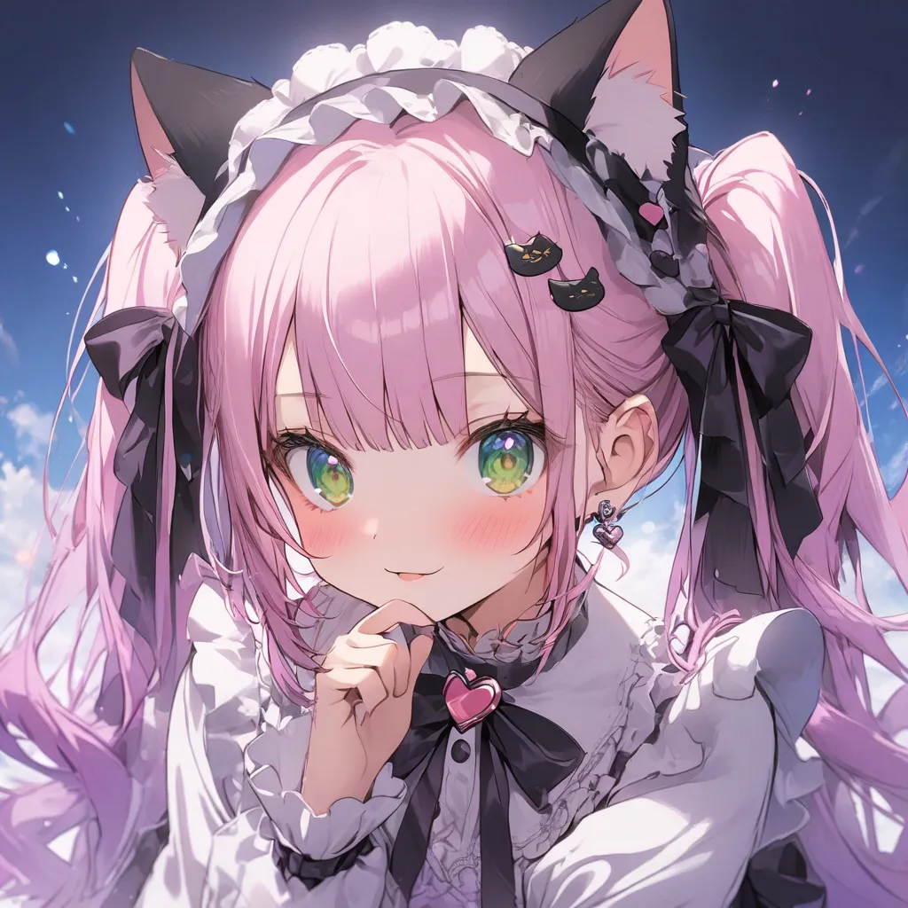 1 girl, cute、purple pink gradient hair、twin tails、 Lolita、heart pin closure 　 green eyes　cat ear headdress 　 two-dimensional
