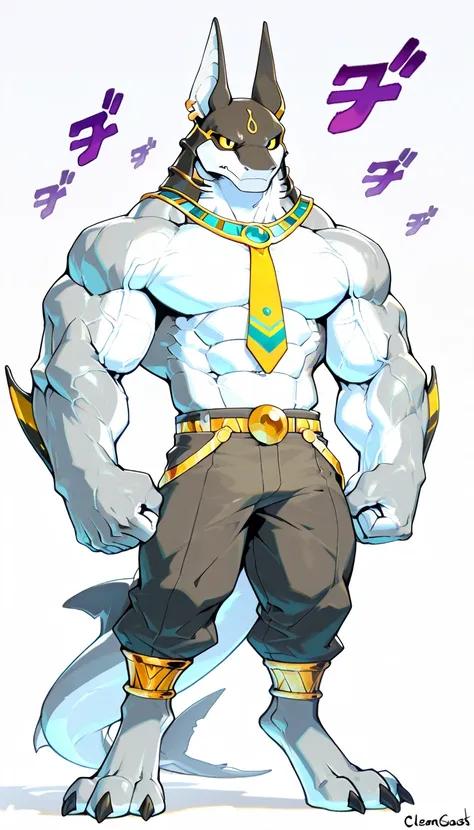 solo, male, humanoid Cornelius transformed into a humanoid shark god! ((Cornelius)), Male, furry, once was a lion anthro now is a anubis drone, Medium muscular stud, big thick, brown, light black anubis, long brown pony tail hair, daylight, clear skies, ti...