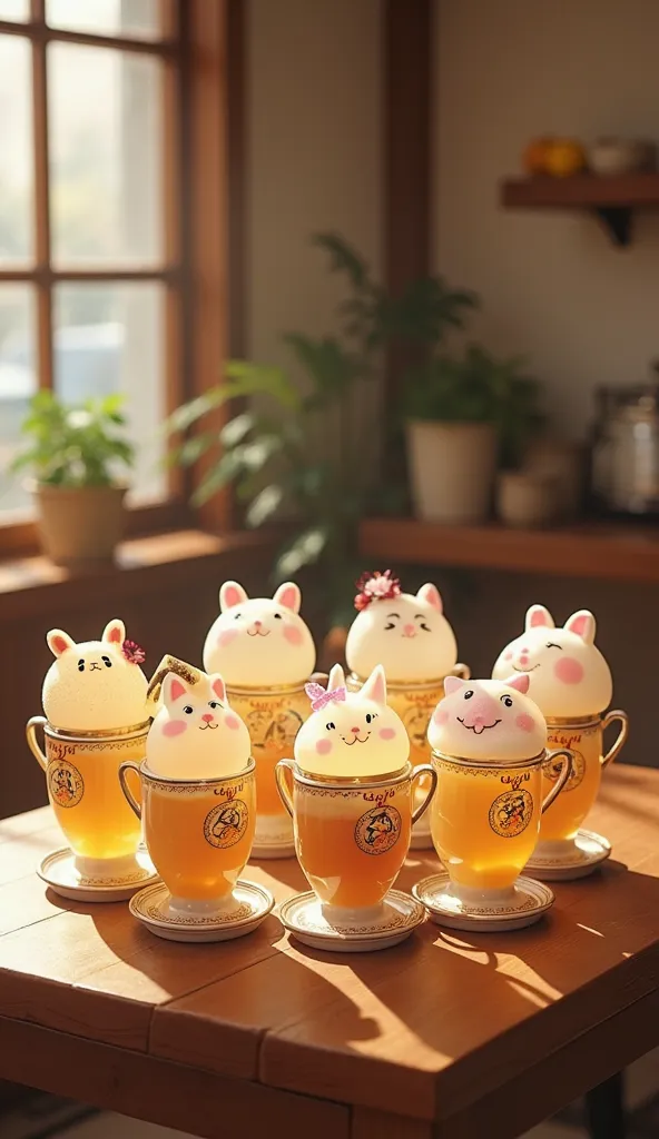 There are 12 transparent, realistic animal-shaped puddings in European-style vessels from the zodiac　The background is a Japanese coffee shop　pudding color