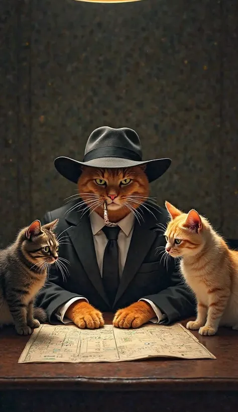 "A fierce orange cat wearing a slanted cowboy hat and a black mafia suit sits on dark table, cigar in his mouth. Around him are three other cats: a tuxedo with a small shotgun, a mercurial Siamese with a sly expression, and a large maine coon with sharp ey...