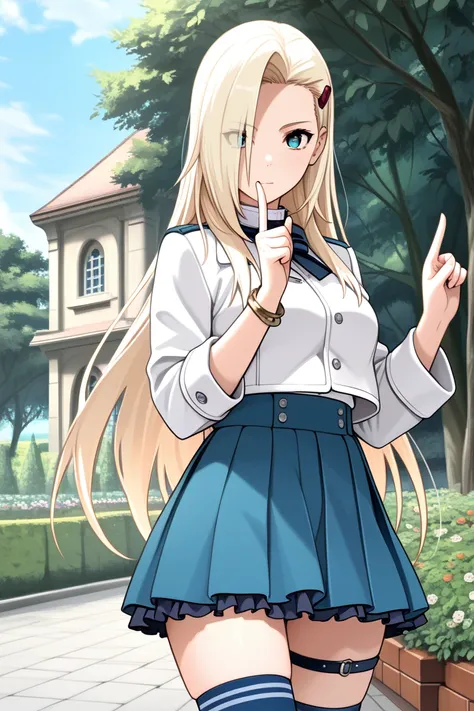 masterpiece, Highest quality, High Resolution, Ino Yamanaka, hair ornaments close to the garden, Thigh High Socks, Long Sleeve, pleated skirt with index finger, blue Thigh High Socks, bracelet,  ruffle skirt that will break your thighs, white jacket, white...