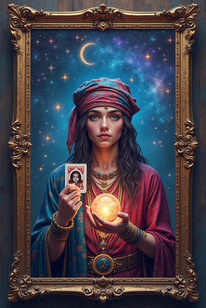 A framed painting of a pirate gypsy holding a card in one hand and a crystal ball in the other,a young man with a galaxy-colored cloth tied around his head, with jewels, body talismans realistic mystic 3d psychic,High definition in 8k.Trimendictional with ...