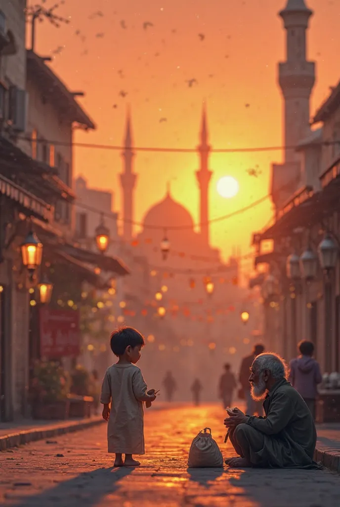 "A young boy named Ali, wearing simple yet neat clothes, walks down a peaceful street during Ramadan. He notices an elderly, hungry man sitting on the roadside, looking weak and tired. Ali looks at his food bag, thinking deeply. The background features a w...