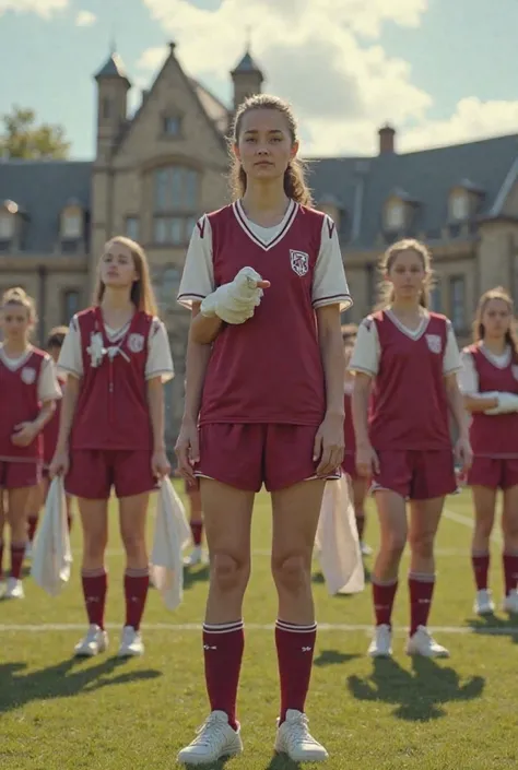 photorealistic image of students wearing an old money maroon and white school sports uniform for men and women