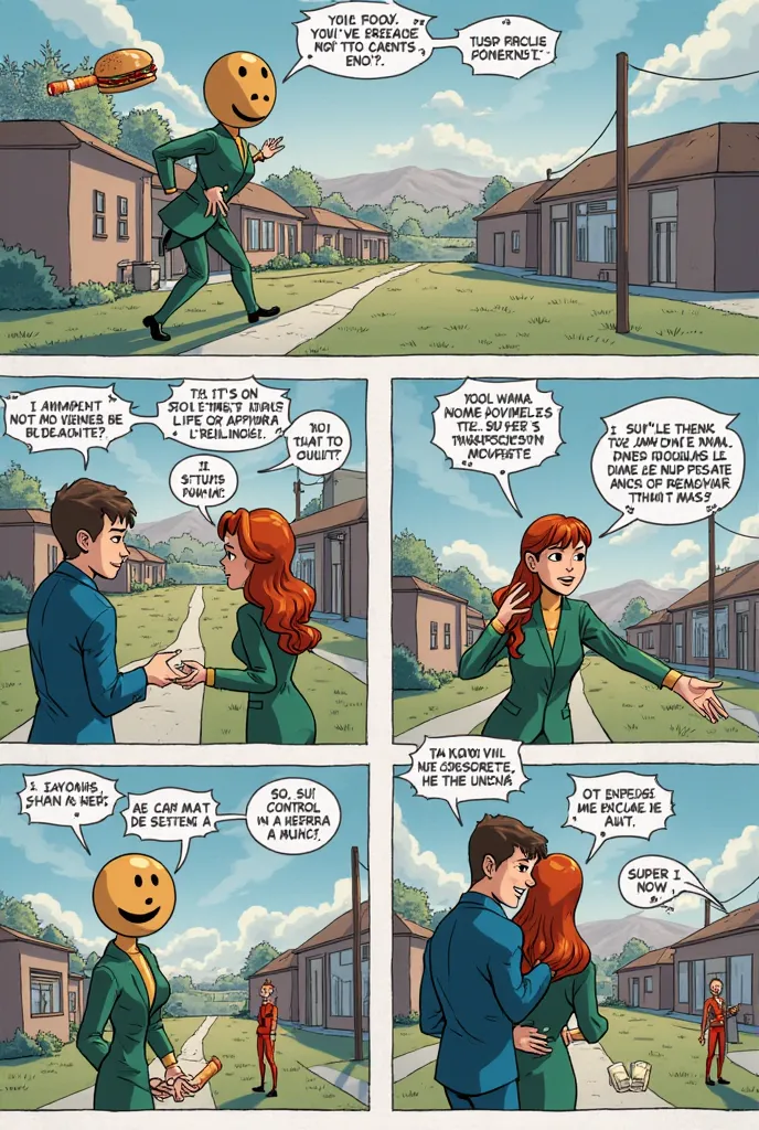 comic with the following story


### **Page 1:  Introduction **

**Vignette 1:**
- **Scene:** A quiet neighborhood with buildings. Two heroic figures, **Super focus** (a man in a blue suit) and **Captain Whelness** (a woman in a green suit), se encuentran ...