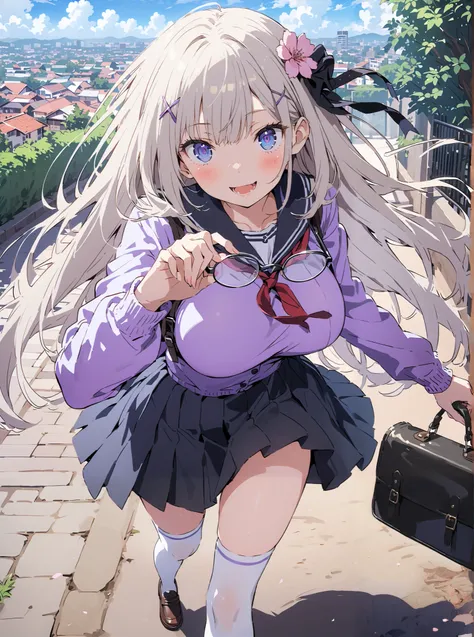  score_9,  score_8_up,  score_7_up,  source_anime,  Emilia,Alone, knitting glasses, crown knitting glasses, flower, hair flower, hair ornaments close to the garden, hair bow, long hair, pointed ears,smile,blush,open your mouth,Glasses, purple eyes,  white ...