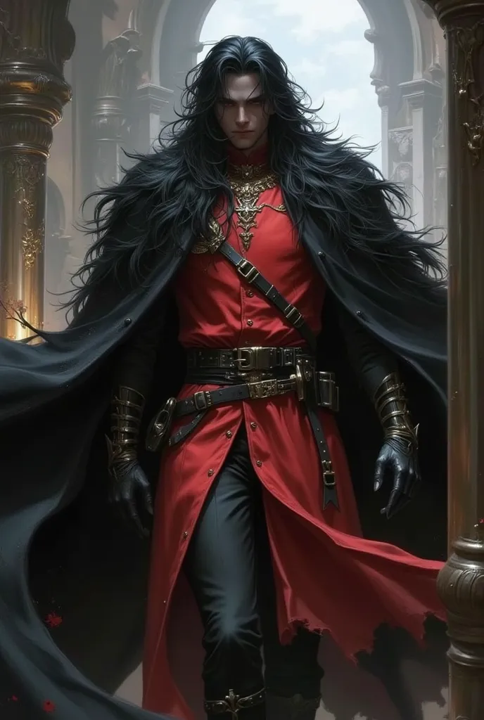 man with black skin, long black hair, dressed in a red medieval tabard, red eyes, black leather gloves, torn cloak with voluminous black hair on the shoulders, look of superiority and sarcastic smile, castle