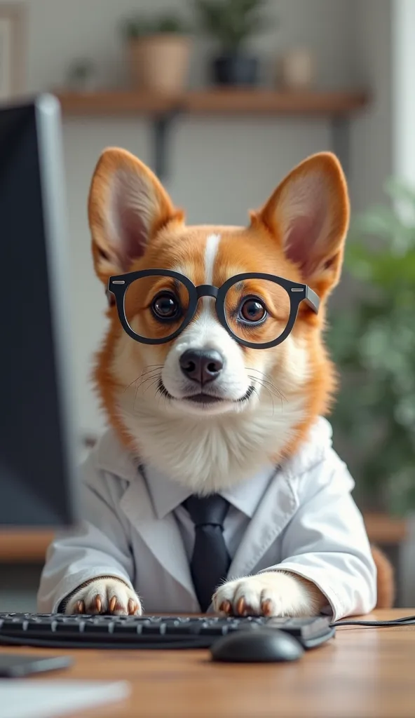 A Corgi dog wearing a doctor's coat, glasses, sit in front of a computer