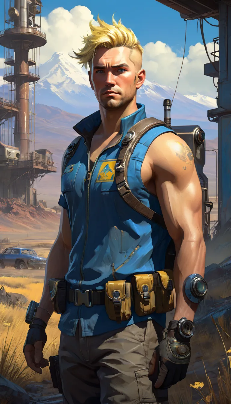 A mighty male vault dweller; blonde; blue-eyes; Fallout; he stands in a post-apocalyptic landscape; muscular. In the style of Pino Daeni, jj fu, Dan Mumford, Greg Rutkowski, Charlie Bowater; masterpiece; high quality; beautifully detailed; epic focus; conc...