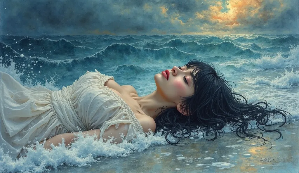 Watercolor fantasy image with a touch of realism.  woman with long dark hair ,  without bangs, lying on the edge of the sea where she has been swept away by a storm. still unconscious, she has a vision of hell in her dream.