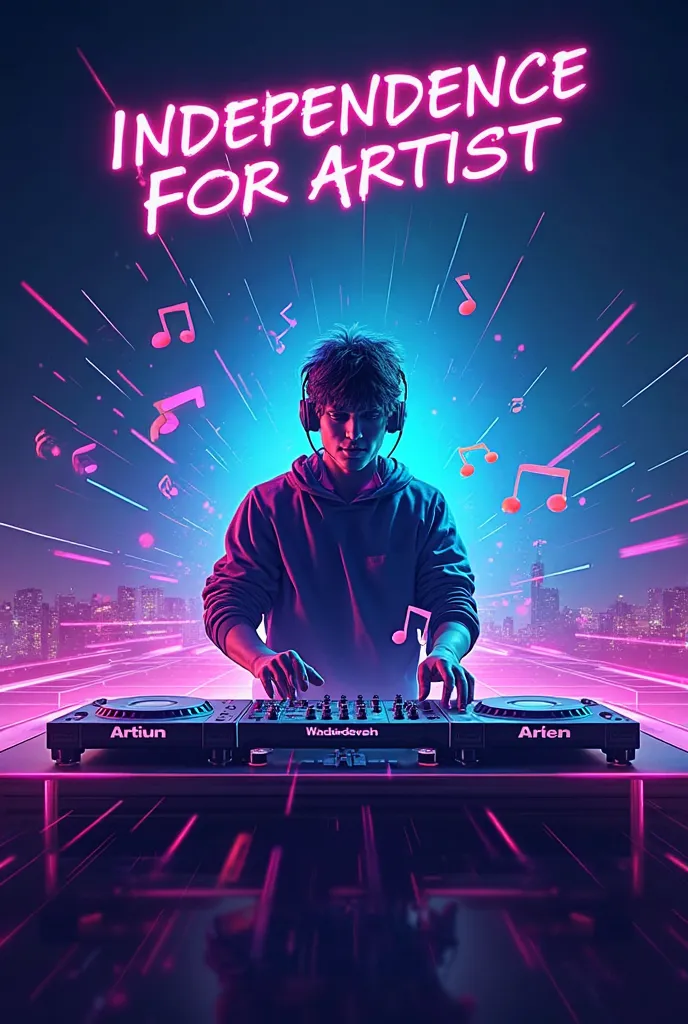 "prompt": "A vibrant, eye-catching thumbnail for a music track, featuring abstract musical elements like sound waves, instruments, and colorful, dynamic shapes. The image should have a futuristic and energetic feel, using neon blues, purples, and pinks. Th...