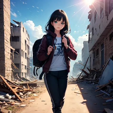 20-year-old woman, wavy black hair, green eyes, jacket,  pants, boots, using backpack, holding a Glock 17 pistol gun (9x19mm Parabellum),  walking, looking around, ruins, damaged buildings,  blue sky, white clouds, sunlight,4K, realistic portrait, high def...