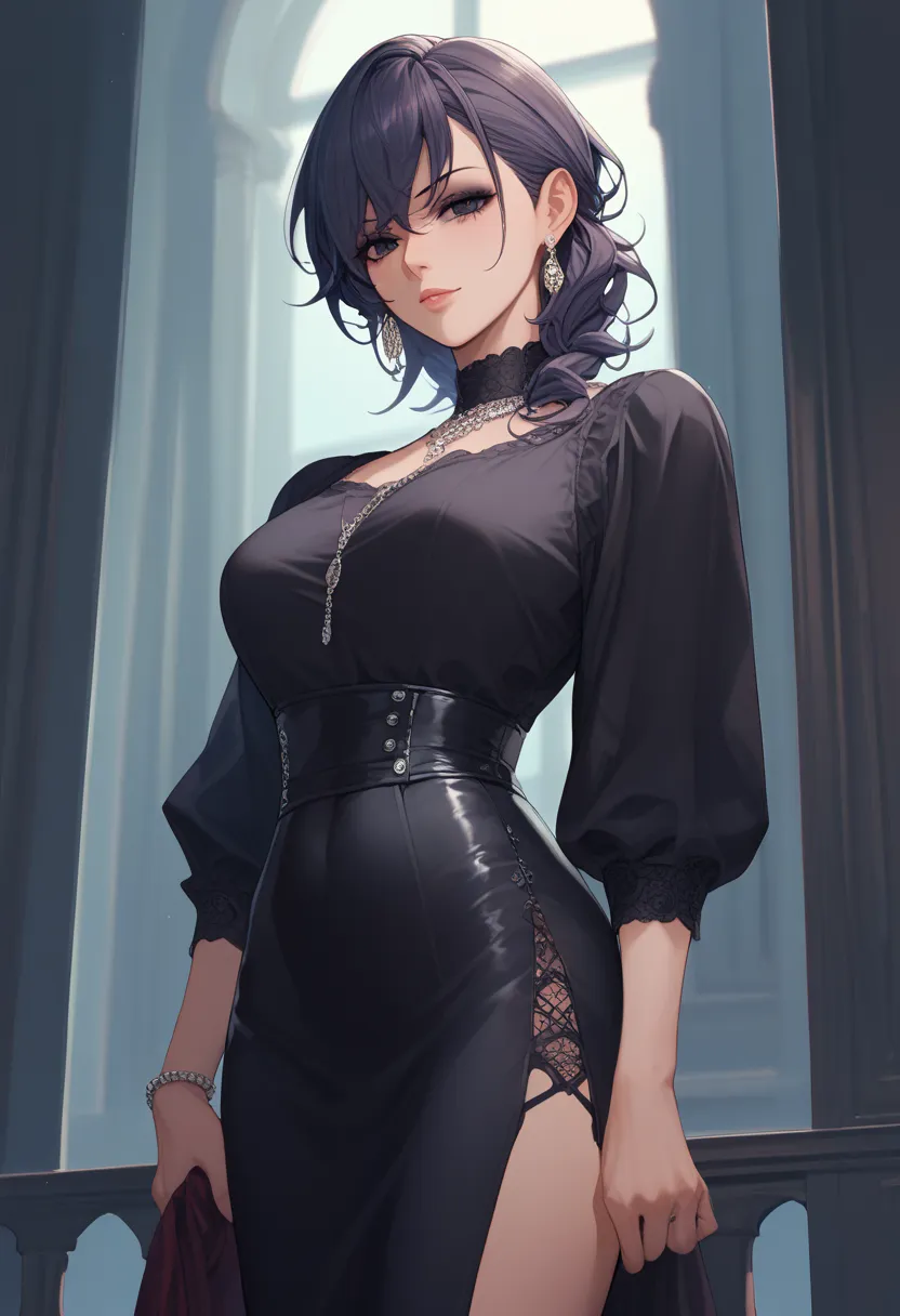 black absurd dress, Groomed hair, Perfect Anatomy, sharp eyeliner, eyeshadow, detailed eyes, black eyes, 1 girl, mafia, gang, Please take off your, cowboy shot, 