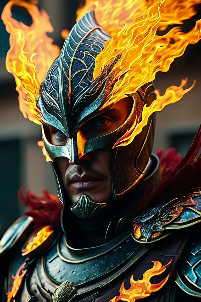 close up of a person wearing a costume, firestorm, detailed cinematic photography, ares, shot on sony a 7 iii, highly detailed character design, phoenix flames, metabaron, mysterio, fiery bird, moviestill, by Viktor Oliva, large metal jaw