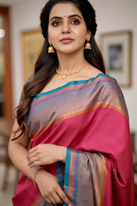 Traditional-South-Indian-Woman-in-Cinematic-4K-HDR-Realism, gorgeous Woman in 30s wearing silk saree, bra blouse, look ultra realistic human wearing bangle, gold Jhumka Earrings and necklace, long Hair Braid, chubby arms, opulent office room, staright pose...