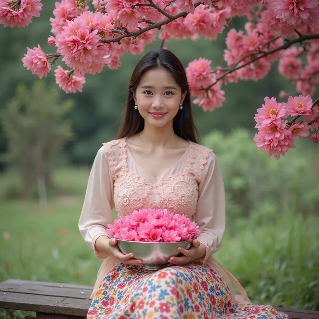 Create an image of " A young beautiful lady: slim body, medium
high, fair skin, round face, beautiful eyes, straight nose. long hair, Burmese thanakha paste on her checks. sits on a bench and hanging down her legs to the ground, outdoors, holding a sliver ...