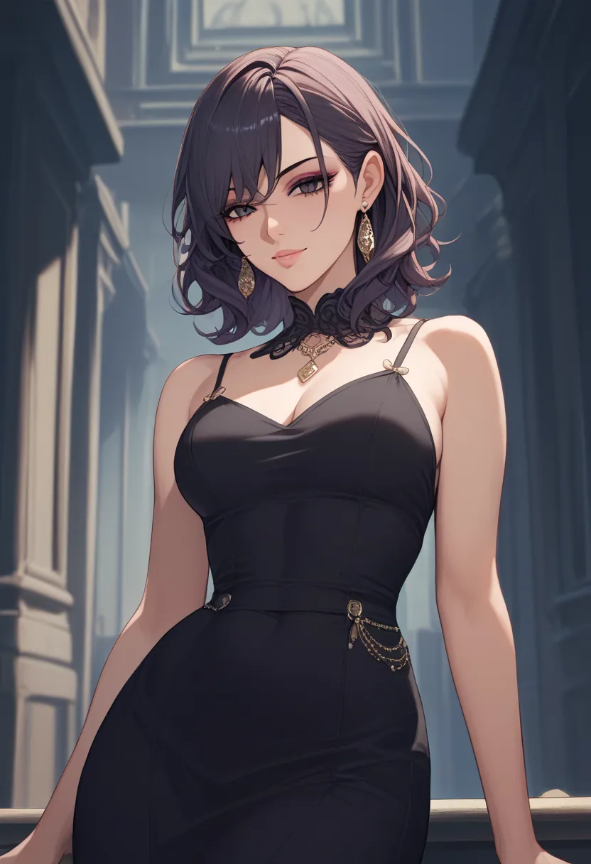 black absurd dress, Groomed hair, Perfect Anatomy, sharp eyeliner, eyeshadow, detailed eyes, black eyes, 1 girl, mafia, gang, Please take off your, cowboy shot, 