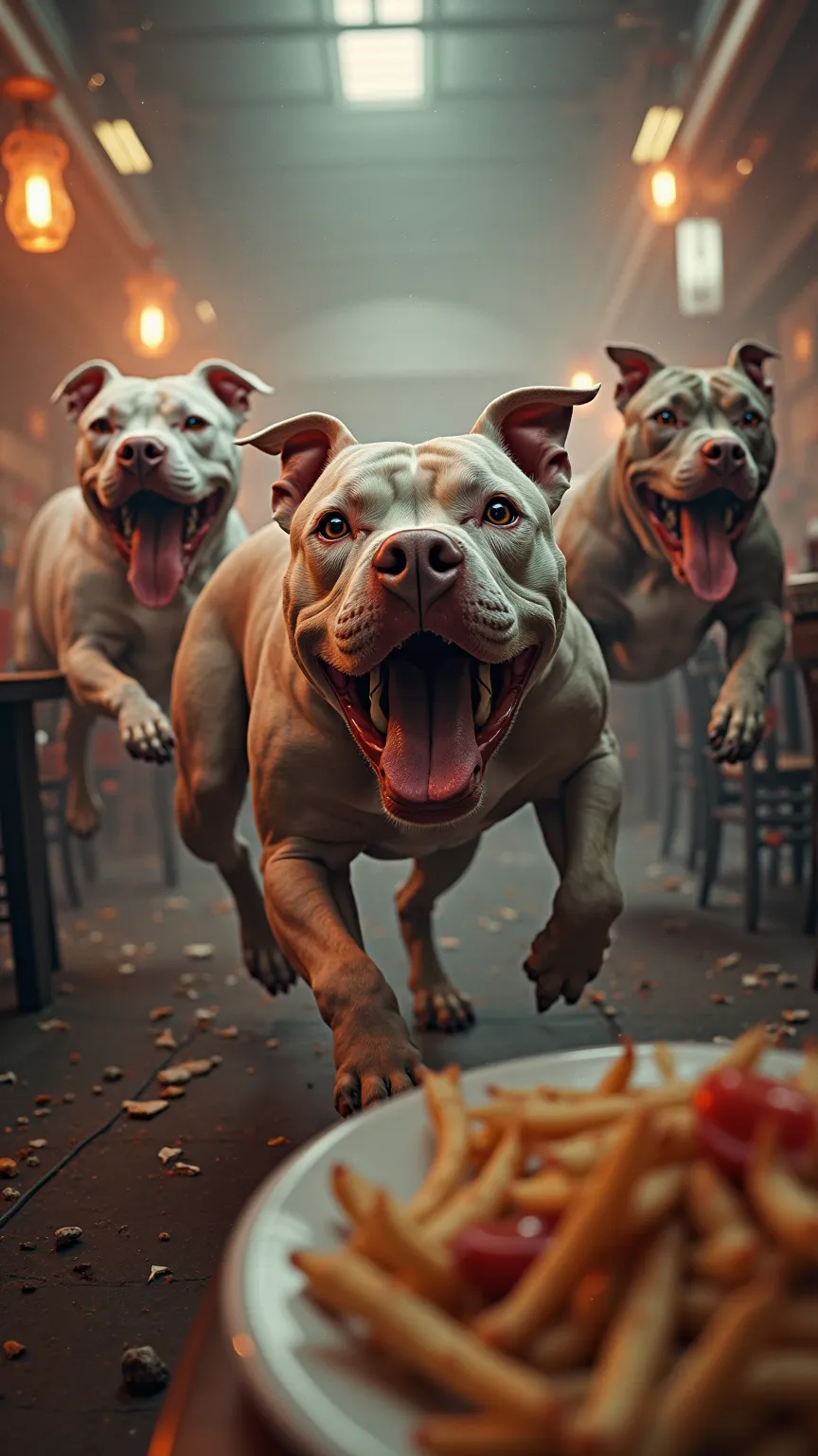 Generate an image of several Pitbull dogs breaking into a restaurant to eat, They eat food in desperation.