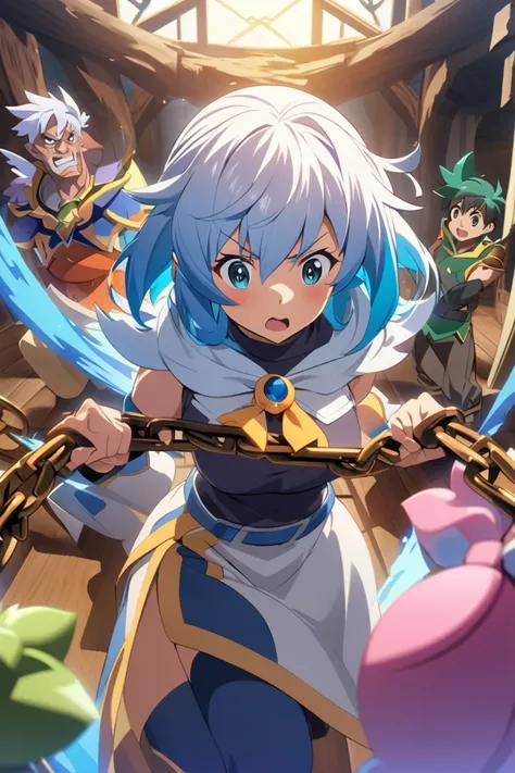 Kazuma Satou from Konosuba , anime being held in chains by 2 other younger Kazumas Satou, while he is left with an expression of great surprise and confusion, with the visual style of the Konosuba 