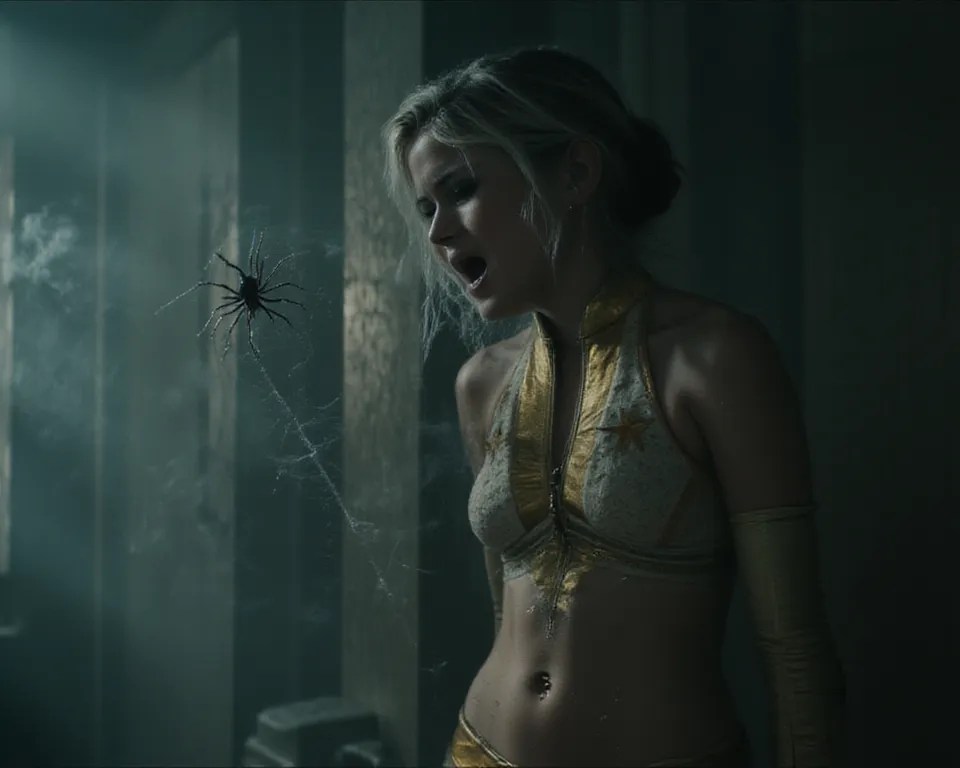 A woman is being eaten by a giant spider。
 she is screaming in so much pain。
She has wide open thighs。
A spider is slurping her 。
 live-action style
I'm crying and asking for help
crying，tears
A spider's thread is wrapped around her